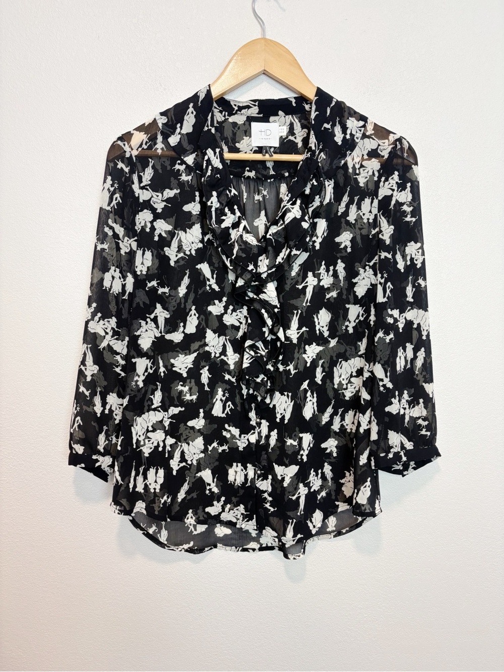 HD in Paris Black & White Ruffle Front Blouse Toile Silhouette Regent Motif Sz 8